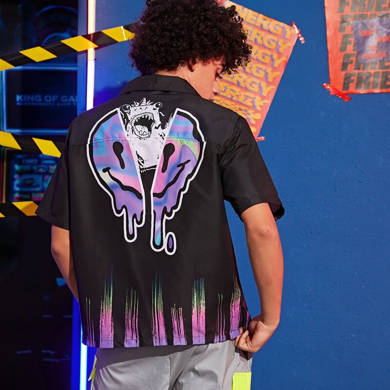 

Guys Graphic Print Button Through Shirt, Black