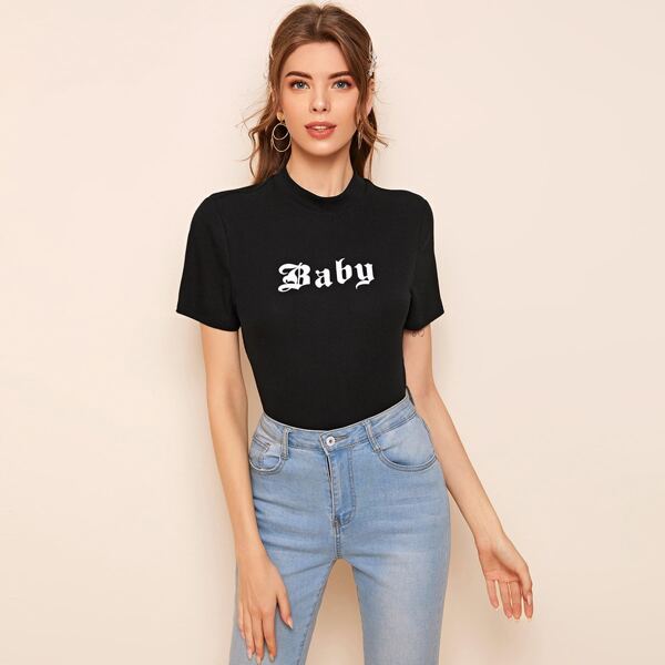 

Трикотажная футболка с текстовым принтом, Чёрный