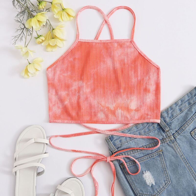 

Lace Up Back Tie Dye Cami, Pink