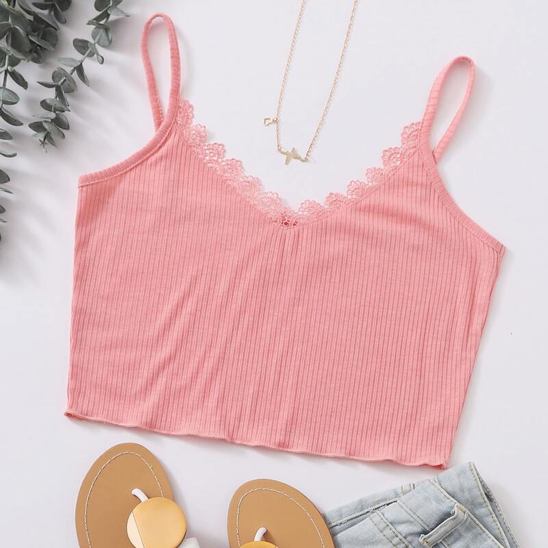 

Lace Trim Crop Cami Top, Pink