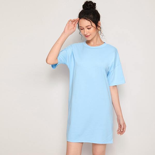 

Drop Shoulder V-cut Back Tee Dress, Blue