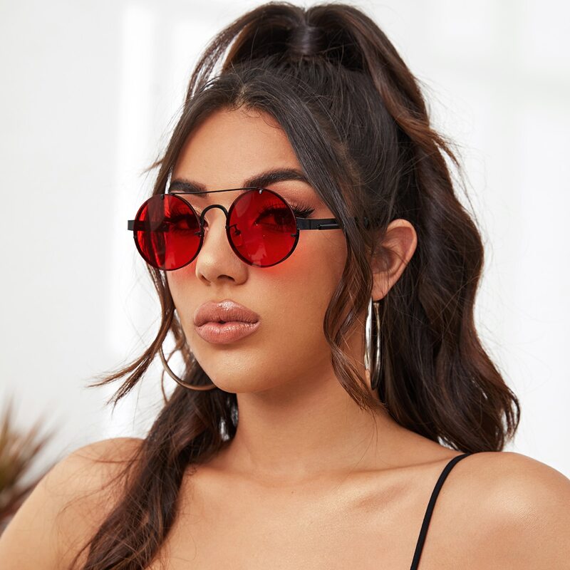 

Top Bar Round Lens Sunglasses, Red