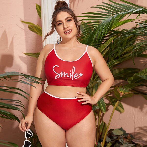 

Plus Letter Graphic Contrast Binding Bikini Swimsuit, Red