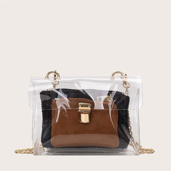 

Clear Bag With Inner Plaited Clutch, Multicolor
