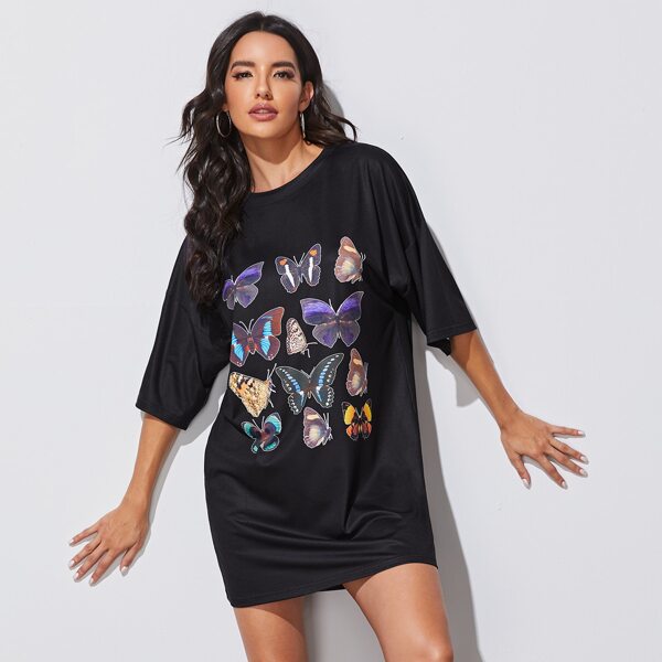 

Butterfly Print Drop Shoulder Tee Dress, Black