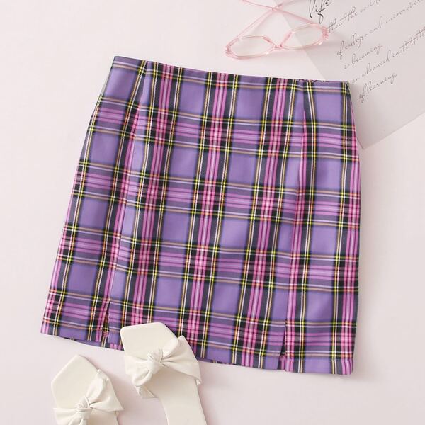 

Plaid Print Zip Back Straight Skirt, Purple