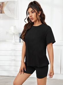 SHEIN EZwear Drop Shoulder Tee & Skinny Shorts Set Without Bag - Black - View 4