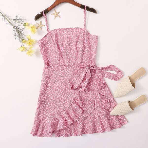 

Ruffle Hem Tie Side Ditsy Floral Slip Dress, Pink