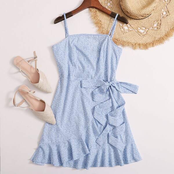

Ruffle Hem Wrap Knot All-over Print Slip Dress, Blue