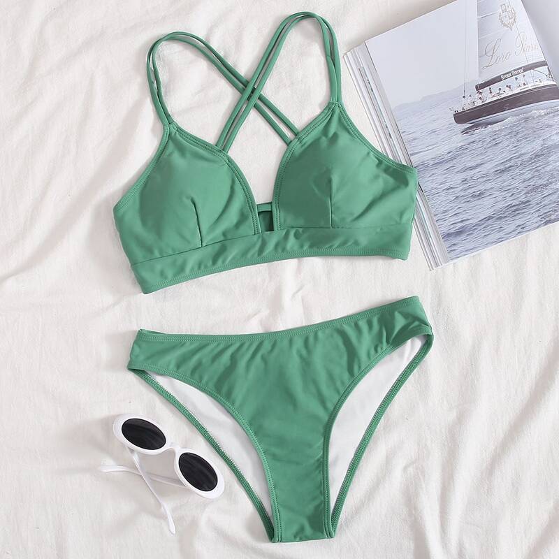 

Solid Criss Cross Bikini Swimsuit, Green