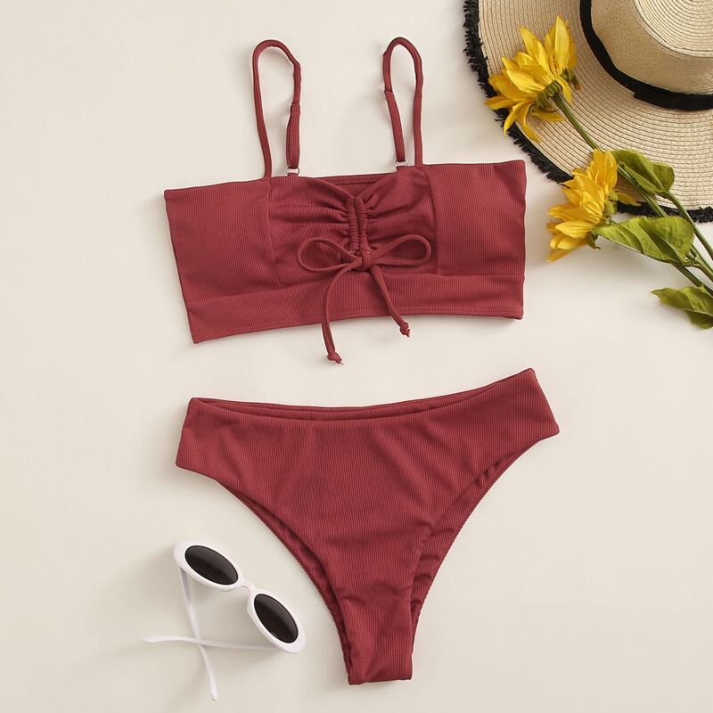 

Ribbed Tie Front Bikini Swimsuit, Burgundy