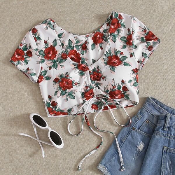 

Floral Drawstring Front Bikini Top, Multicolor