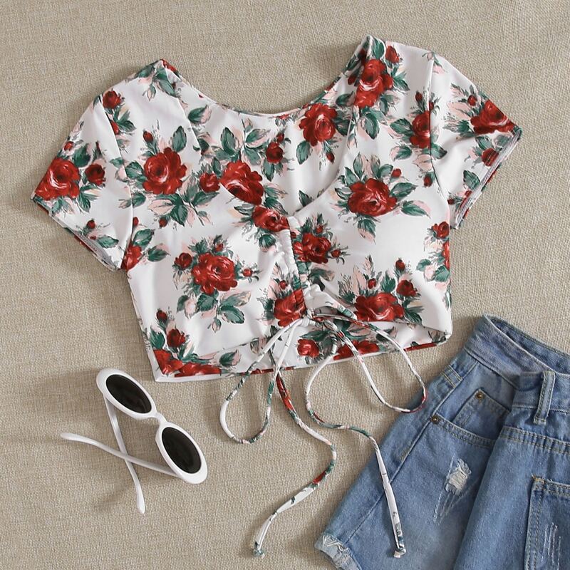 

Floral Drawstring Front Bikini Top, Multicolor