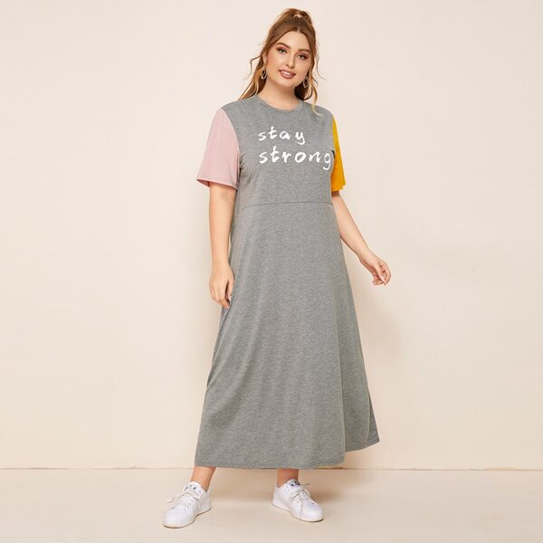 

Plus Letter Graphic Contrast Sleeve Tee Dress, Grey