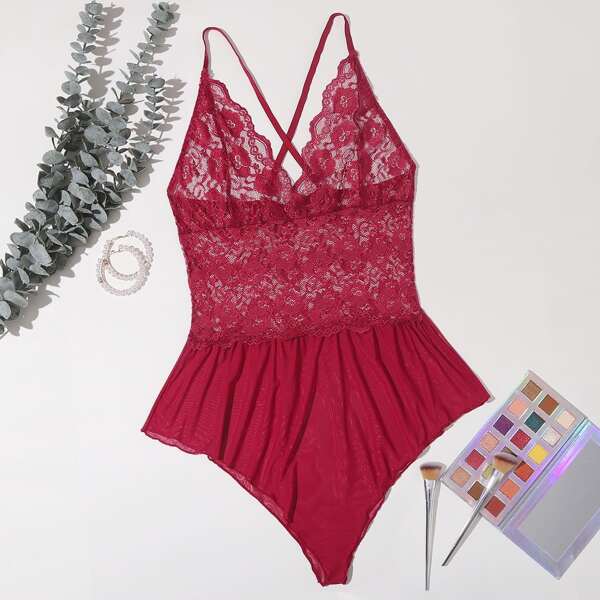 

Plus Contrast Lace Mesh Teddy Bodysuit, Red