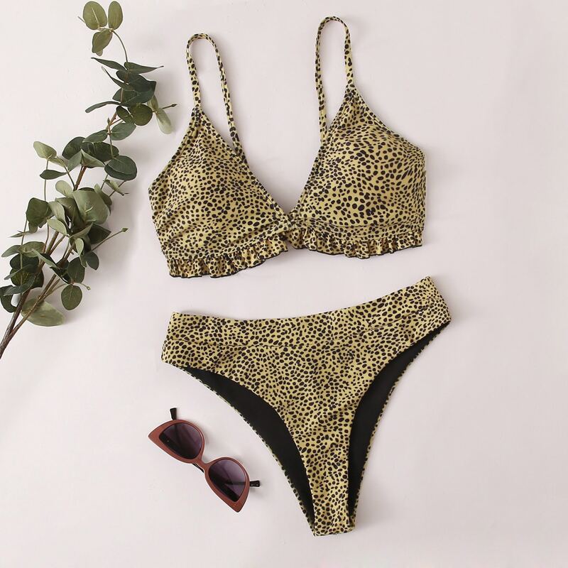 

Leopard Frill Trim Bikini Swimsuit, Multicolor