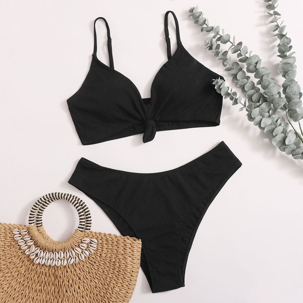 

Plus Knot Hem High Waisted Bikini Swimsuit, Black