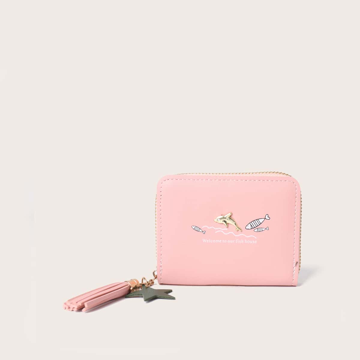 

Tassel Decor Fish Graphic Purse, Pink