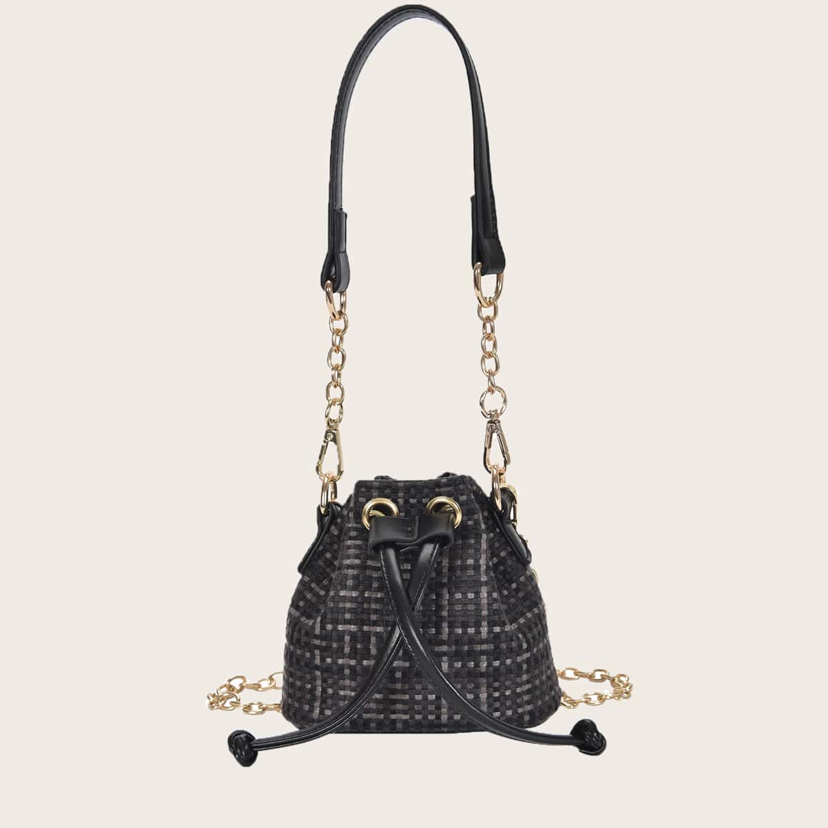 

Braided Bucket Bag With Drawstring, Black