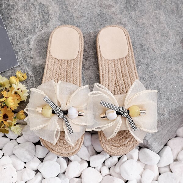 

Bow Decor Espadrille Sliders, Beige