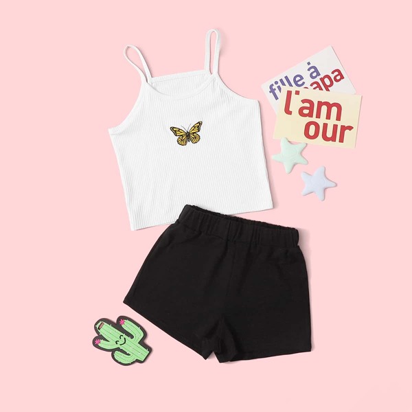 

Toddler Girls Butterfly Embroidery Cami Top & Shorts, Black and white