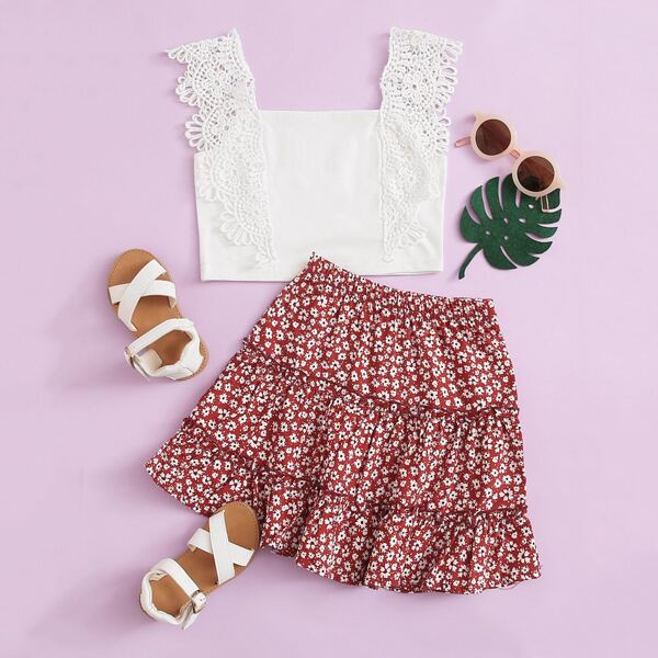 

Toddler Girls Contrast Guipure Lace Crop Top & Ditsy Floral Layered Skirt, Multicolor