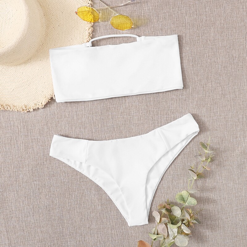 

Lace-up Back Bandeau Bikini Swimsuit, White