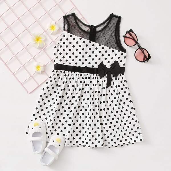

Toddler Girls Contrast Mesh Polka Dot Bow Front A-line Dress, Black and white