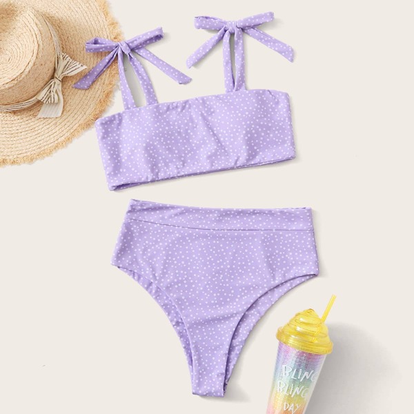 

Plus Polka Dot Tie Shoulder Bikini Swimsuit, Purple