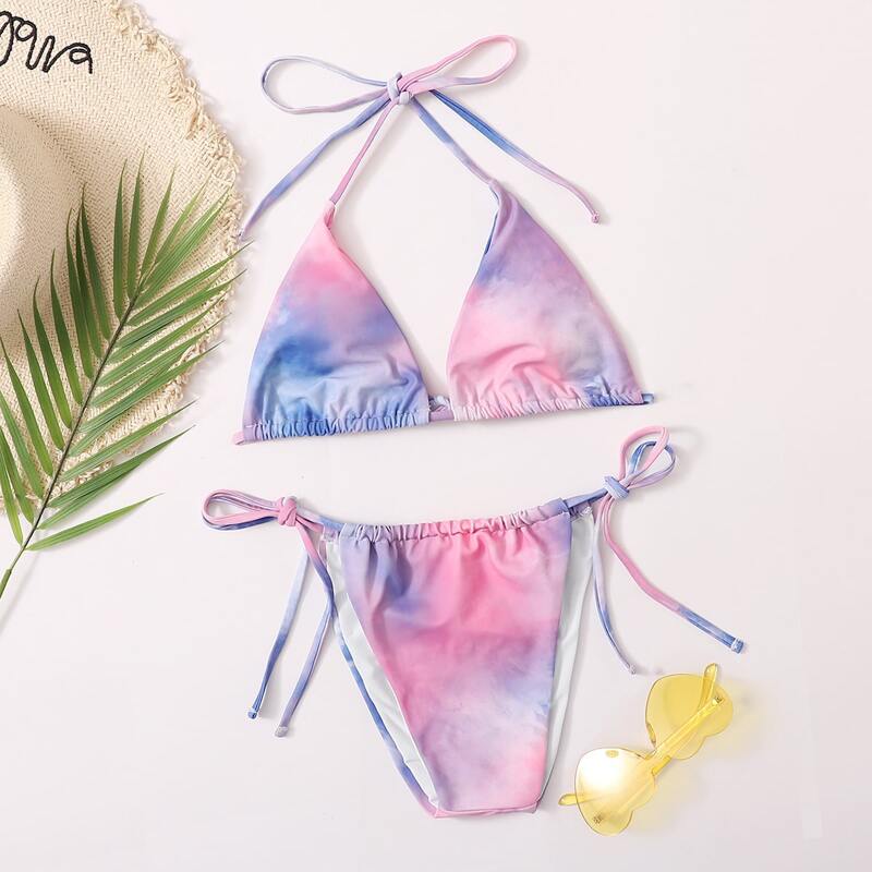 

Tie Dye Triangle Tie Side Bikini Swimsuit, Multicolor