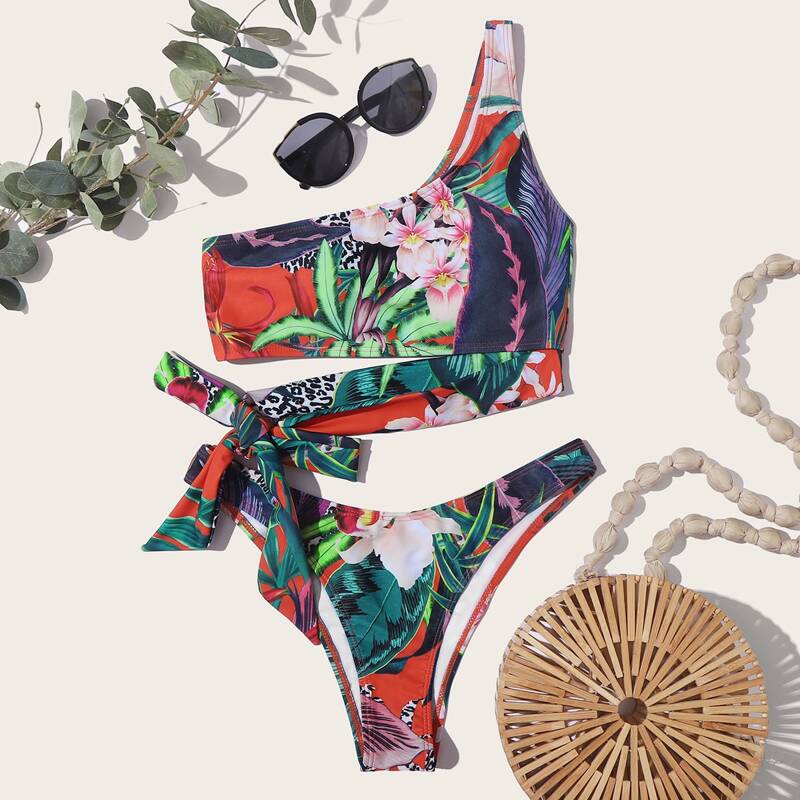 

Tropical Tie Side One Shoulder Bikini Swimsuit, Multicolor