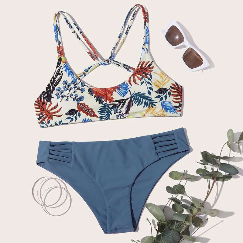 

Plant Print Strappy Back Bikini Swimsuit, Multicolor