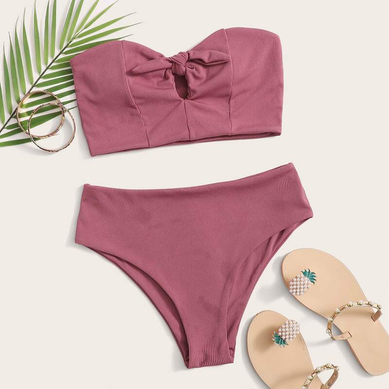 

Rib Knot Front Bandeau Bikini Swimsuit, Dusty pink