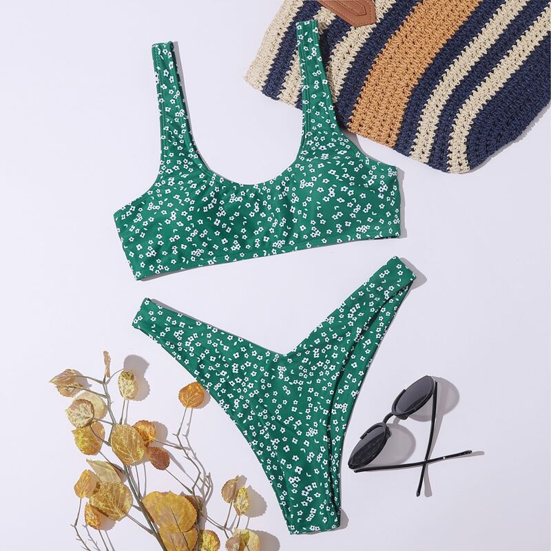 

Ditsy Floral High Leg Bikini Swimsuit, Green