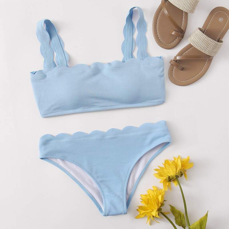 

Scallop Trim Bikini Swimsuit, Pastel baby blue