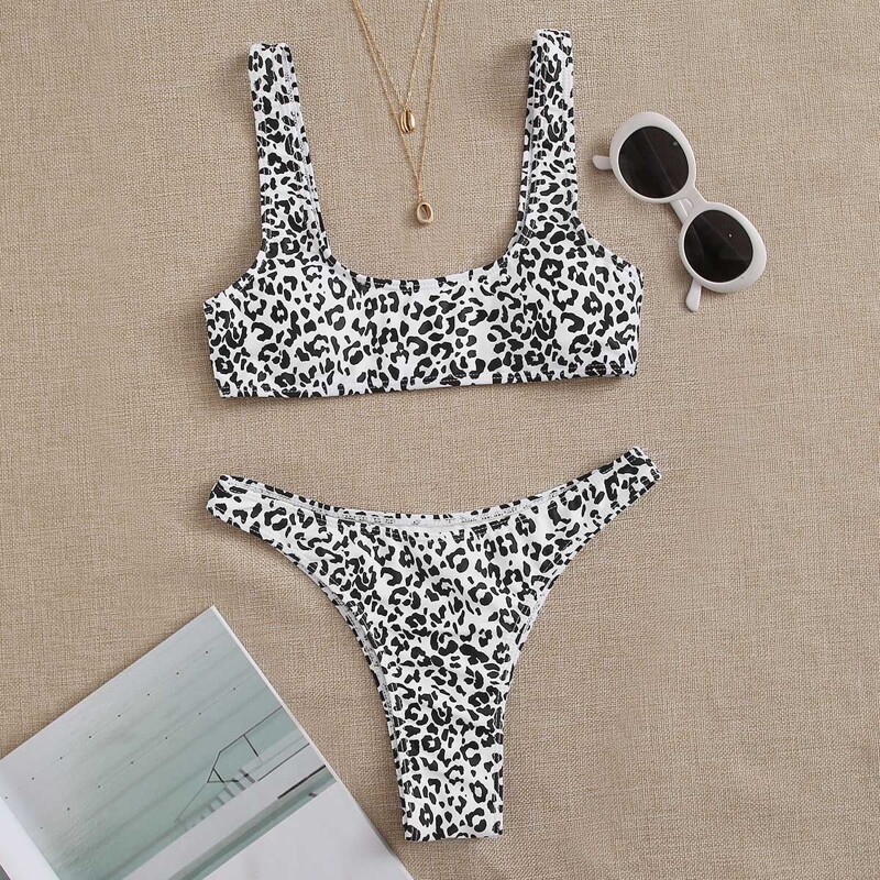 

Leopard High Leg Bikini Swimsuit, Black and white