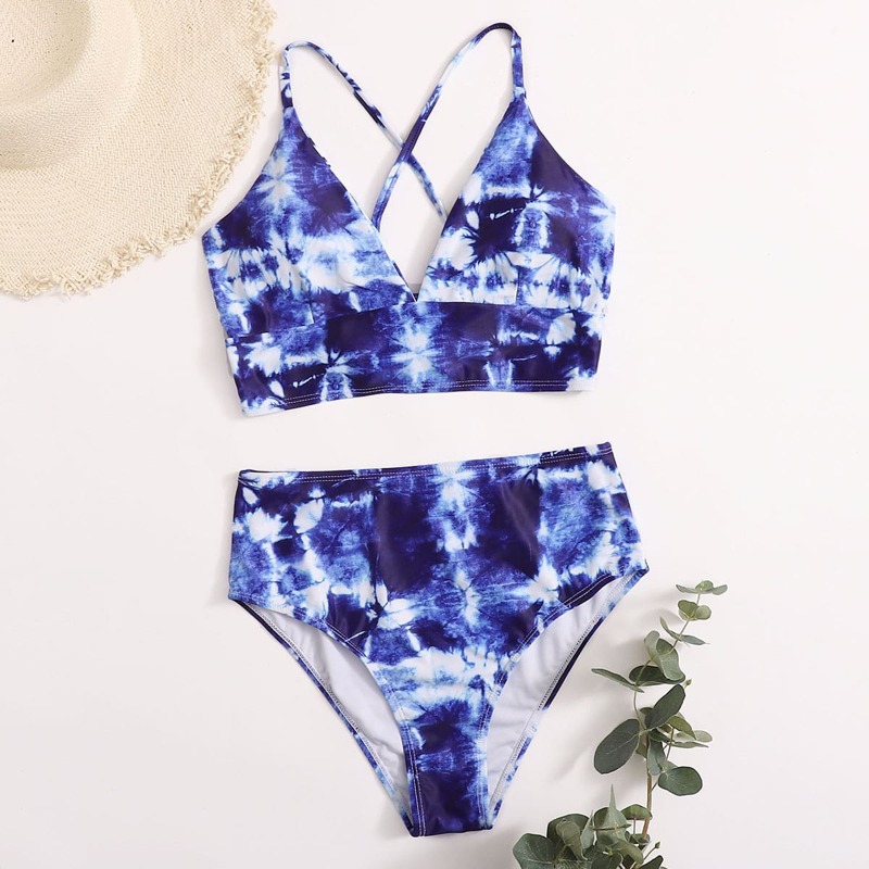 

Bleach Dye Crisscross Tie Back Bikini Swimsuit, Navy blue