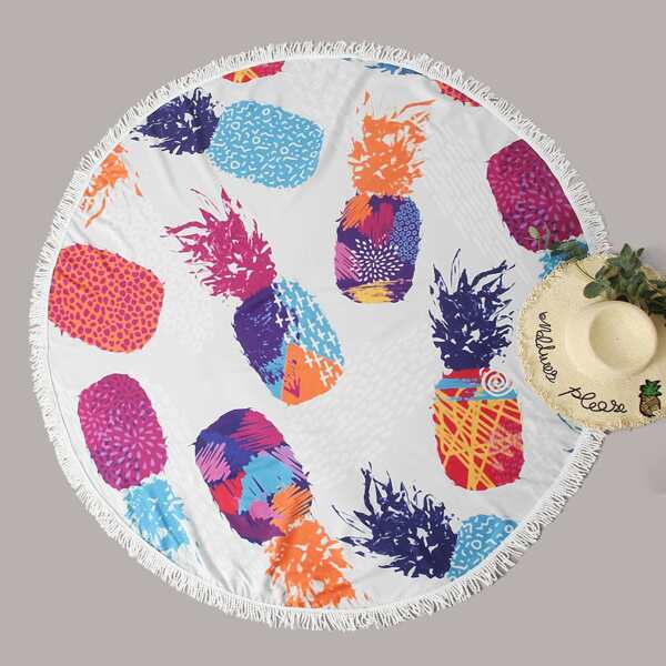 

Pineapple Print Fringe Hem Beach Blanket, White
