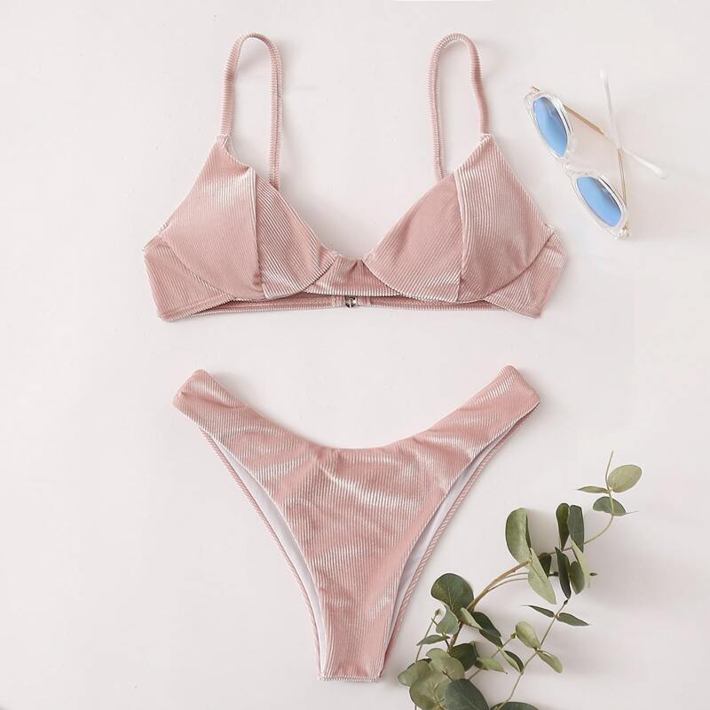 

Rib Velvet High Cut Bikini Swimsuit, Pastel dusty pink