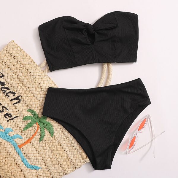 

Rib Knot Front Bandeau Bikini Swimsuit, Black
