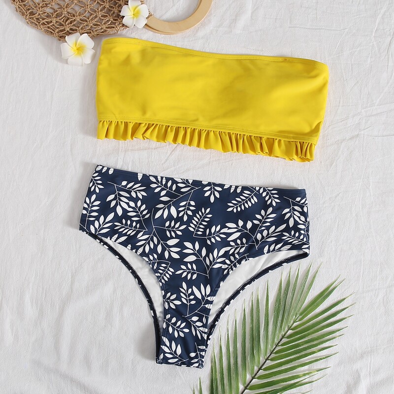 

Leaf Print Frill Bandeau Bikini Swimsuit, Multicolor