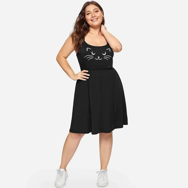 

Plus Cartoon Cat Face Print Cami Dress, Black