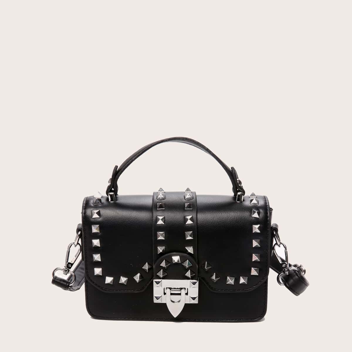 

Studded Decor Satchel Bag, Black