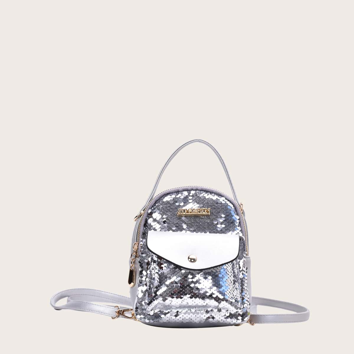 

Sequins Decor Pocket Front Backpack, Silver