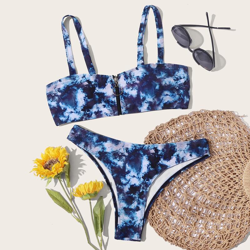 

Tie Dye Zip Front Bikini Swimsuit, Multicolor
