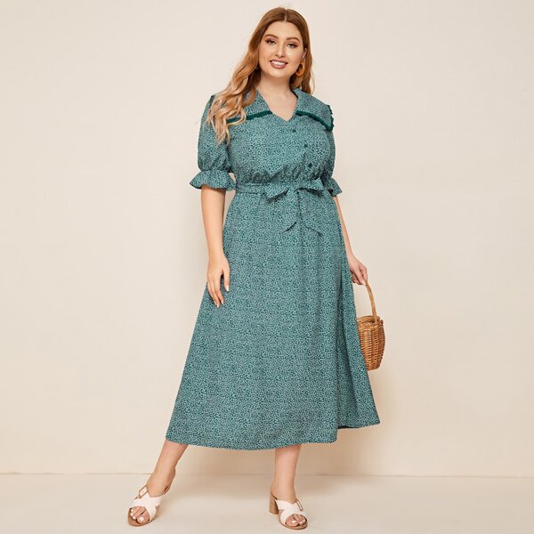 

Plus Frill Trim Sailor Collar Belted Ditsy Floral Dress, Green