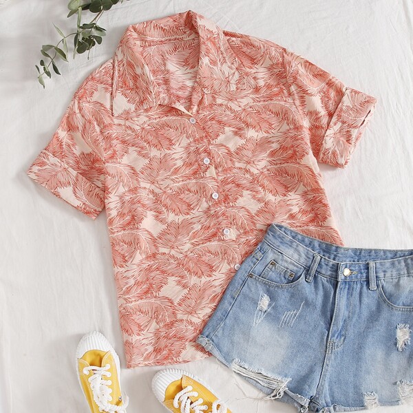 

Button Front Tropical Print Blouse, Orange