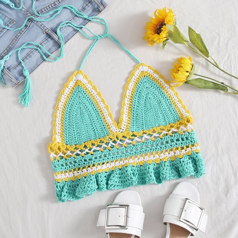 

Tassel Tie Back Crochet Bralette Cover Up Top, Multicolor