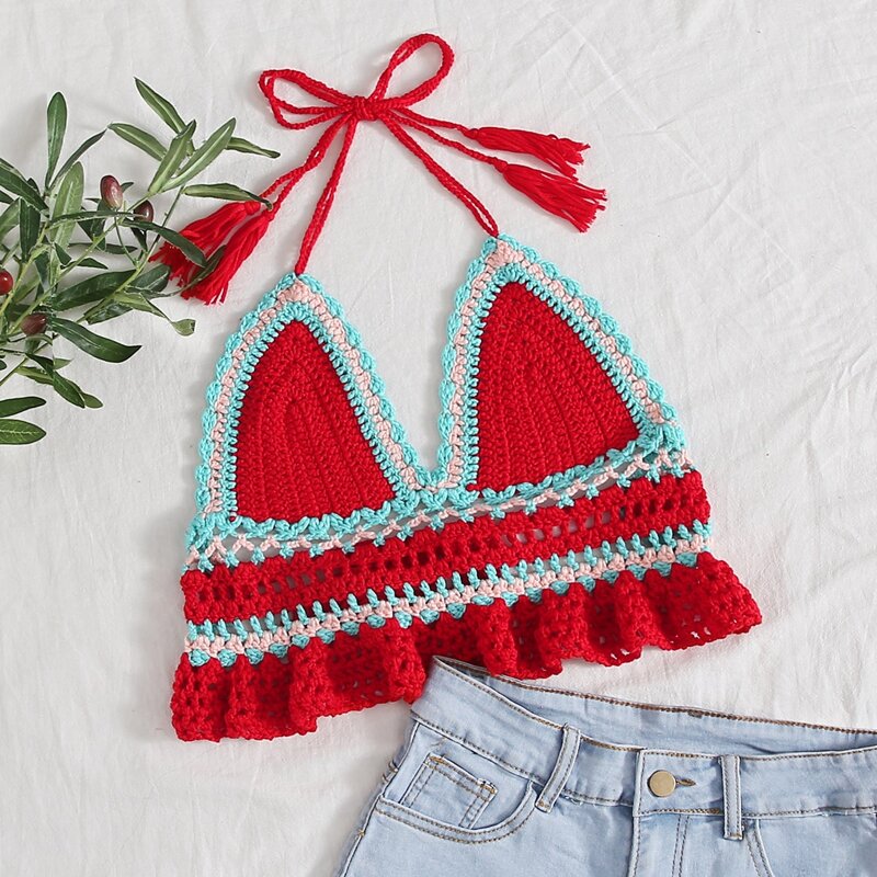 

Tassel Tie Back Crochet Bralette Cover Up Top, Multicolor