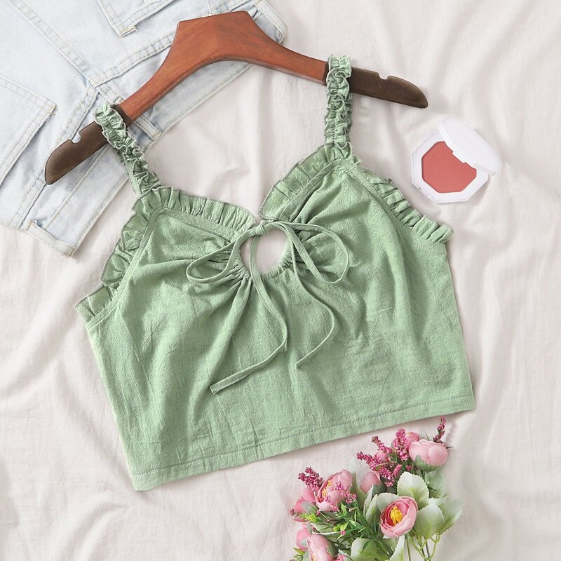 

Frill Strap Tie Front Top, Green